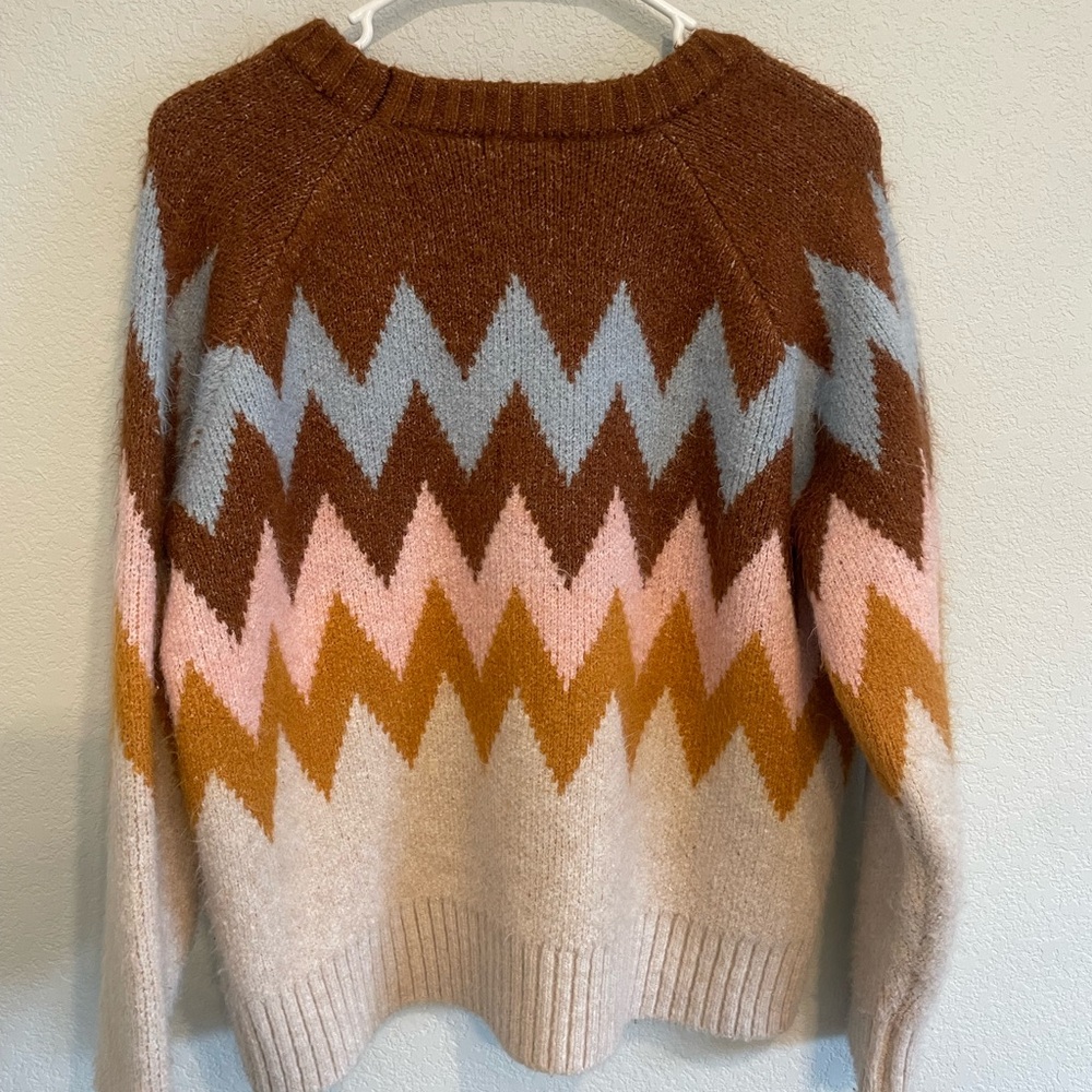 Lush Chevron in Brown/Cream Women’s Oversized Crewneck Sweater Size Medium - Picture 8 of 8